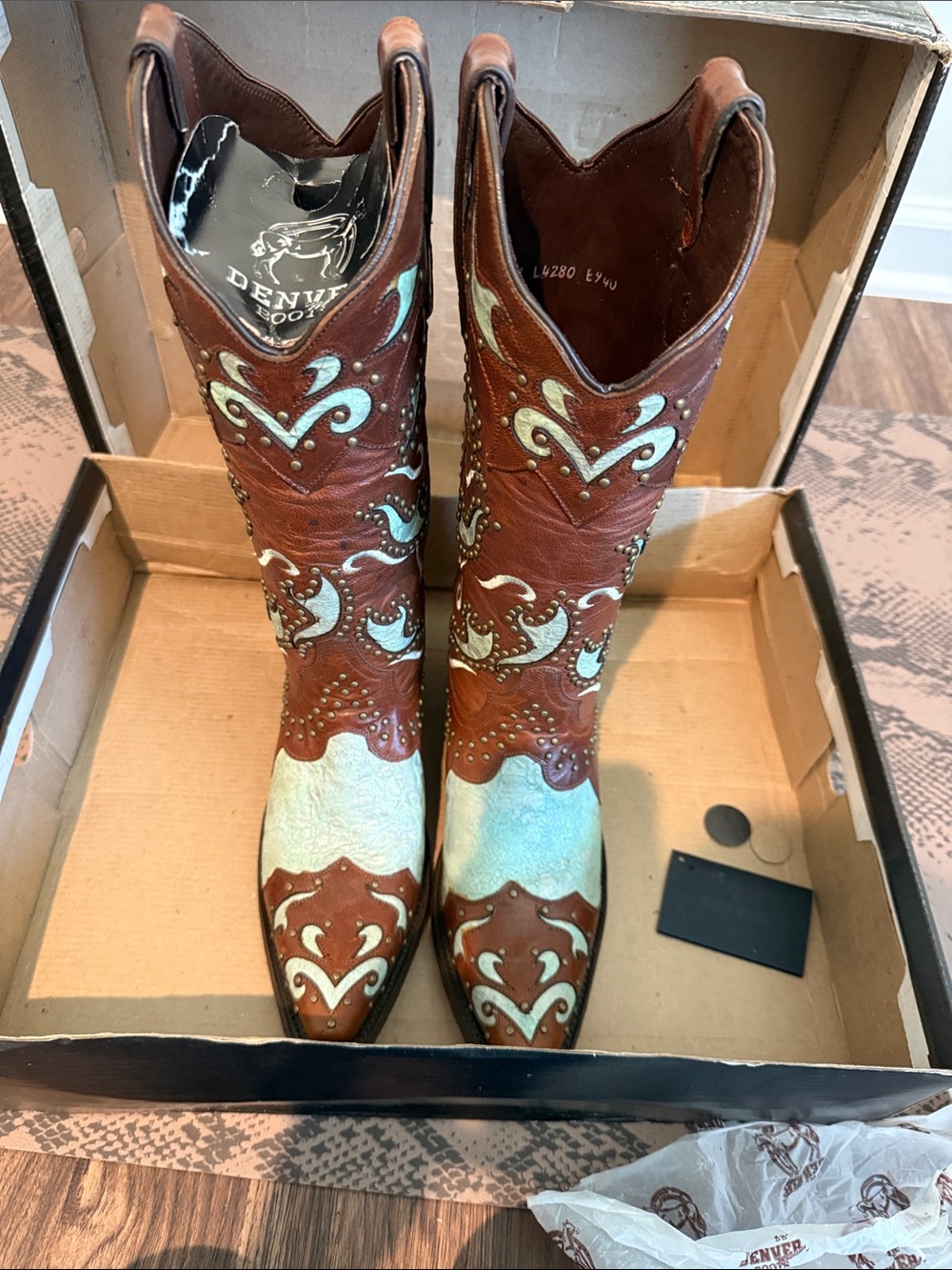 Women's Brown and Turquoise Embroidered Heeled Boots